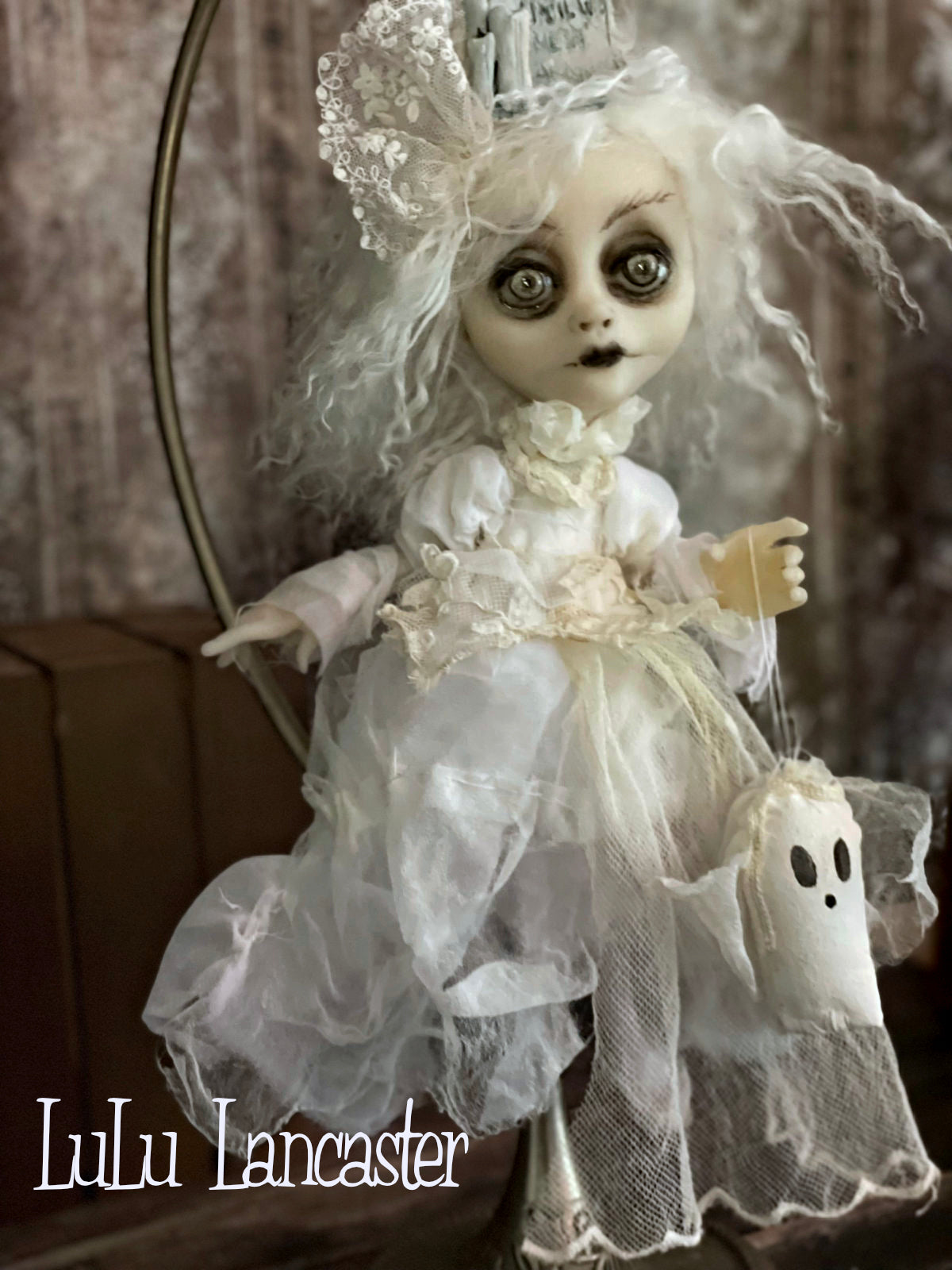 Until we meet again Graveyard Ghostie hanging Halloween Original LuLu Lancaster Art Dolls