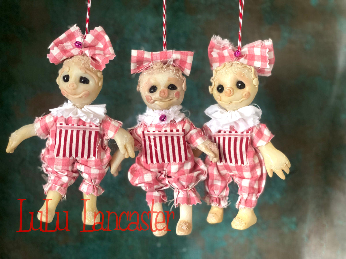 Pink Gingham Snickerdoodle Ornaments set of 3 mini Original LuLu Lancaster Art Doll