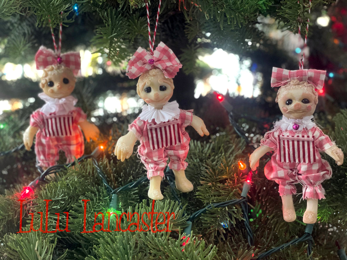 Pink Gingham Snickerdoodle Ornaments set of 3 mini Original LuLu Lancaster Art Doll