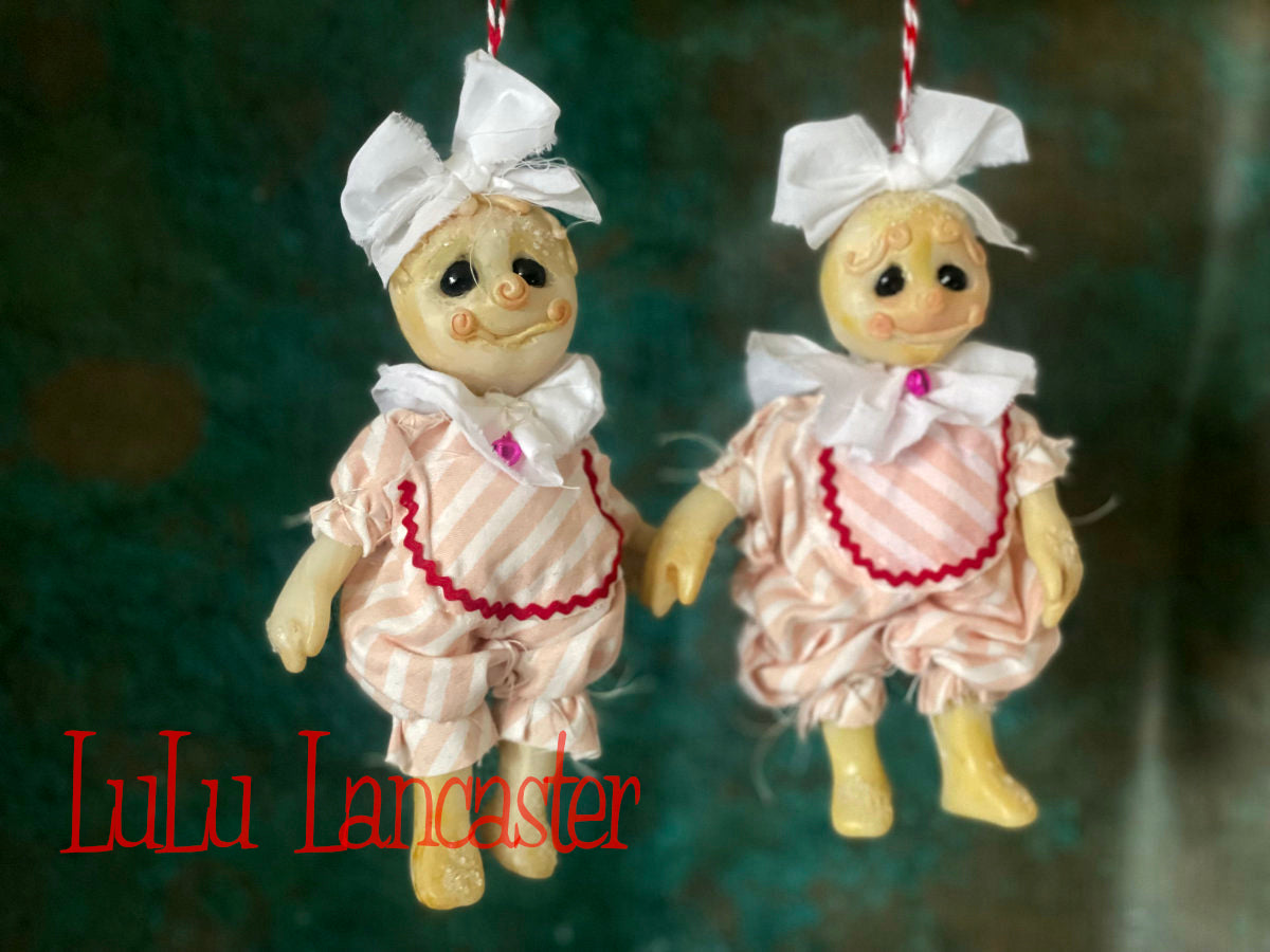 Pink Stripe Snickerdoodle Ornaments set of 2 mini Original LuLu Lancaster Art Doll