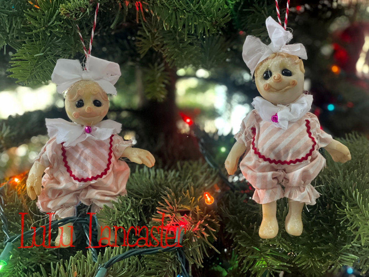 Pink Stripe Snickerdoodle Ornaments set of 2 mini Original LuLu Lancaster Art Doll