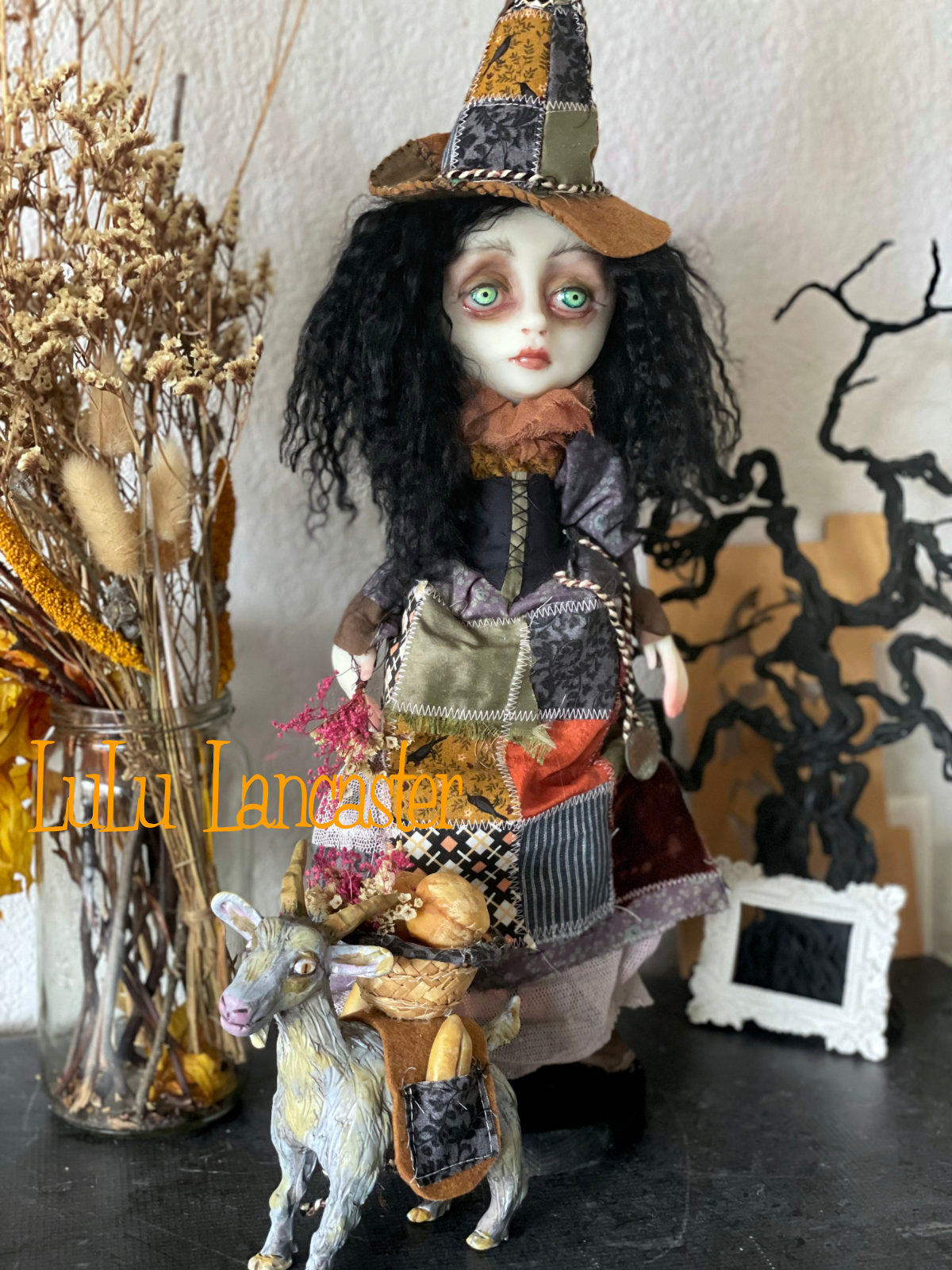 Sylvaine the patchwork Witch and Gregory the Goat Original LuLu Lancaster Art Doll